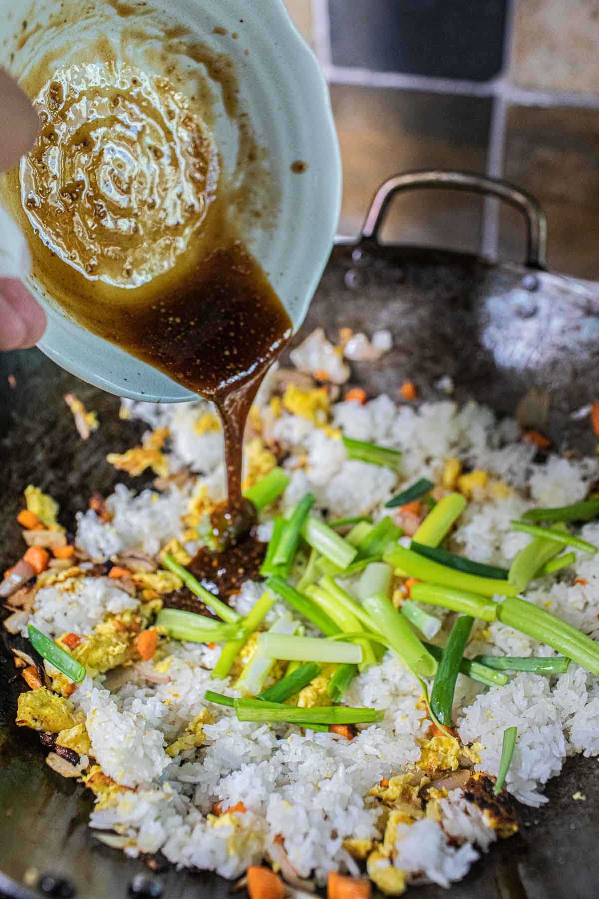 Thai fried rice in a wok.