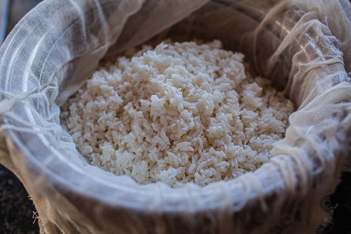 Sticky rice in a cheesecloth in a pot. 