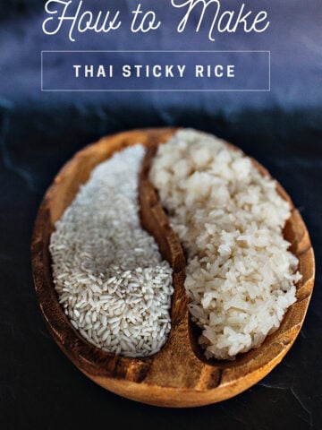 Thai sticky rice in a wooden bowl on the table.