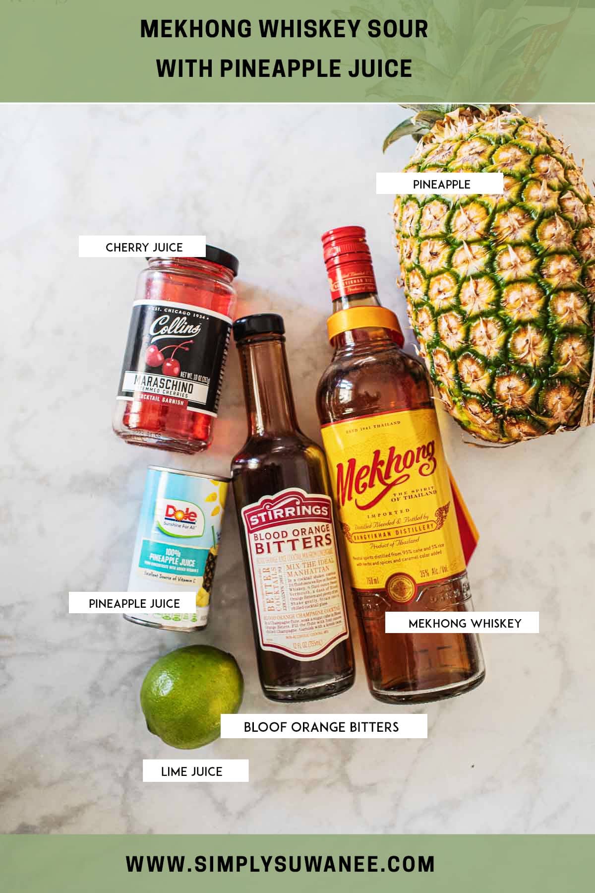 Ingredients for Mekhong whiskey sour recipe.