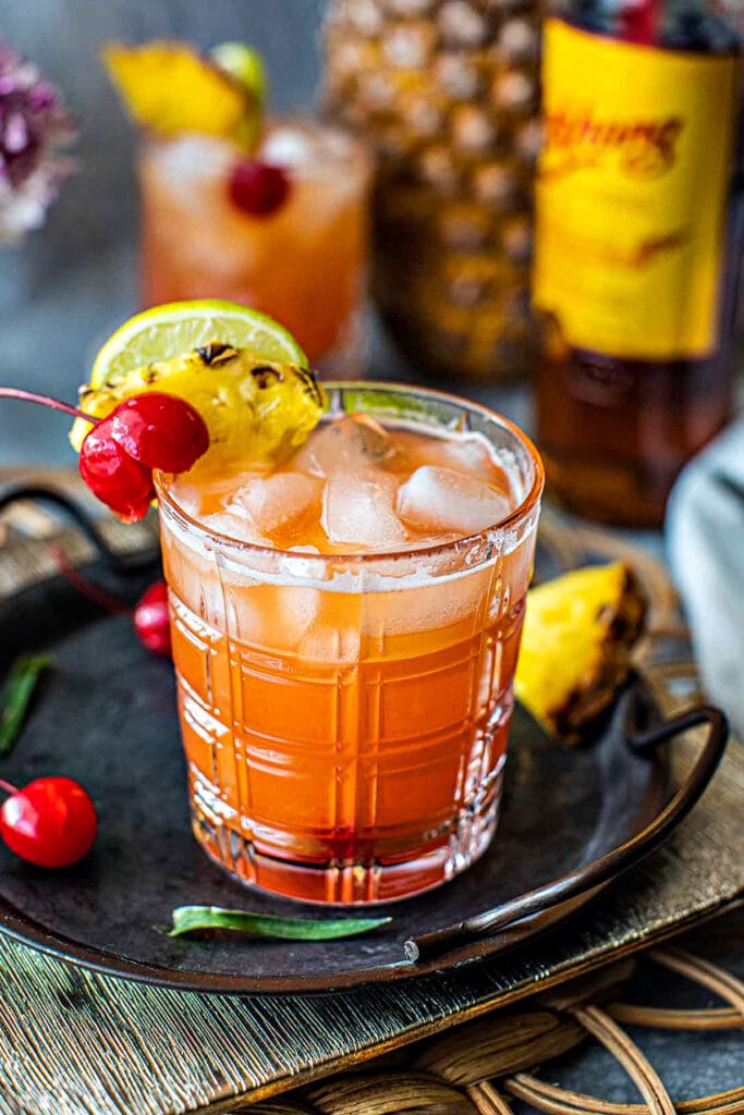 Mekhong whiskey sour cocktail on a tray.