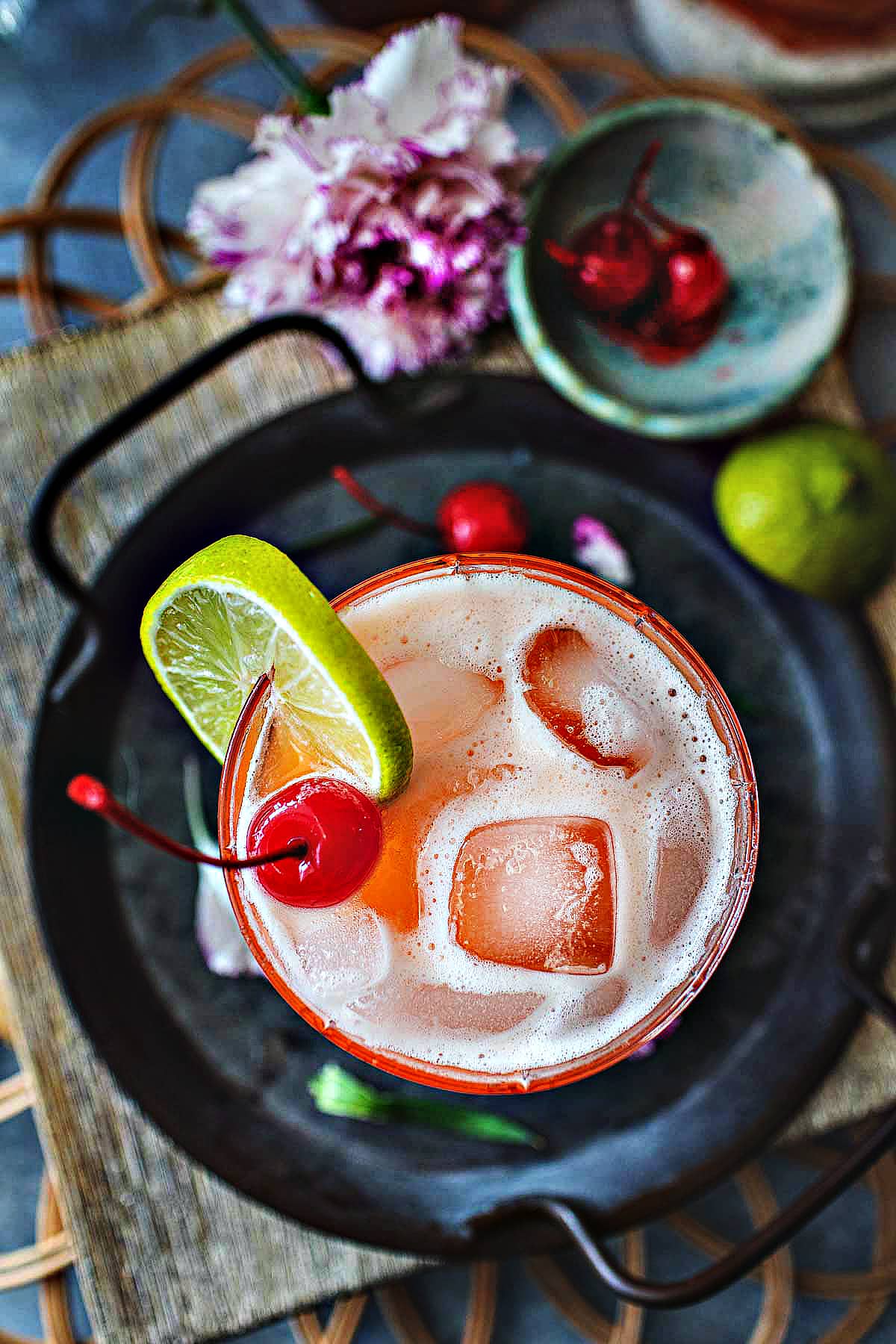 Mekhong cocktail in a glass on a tray. 