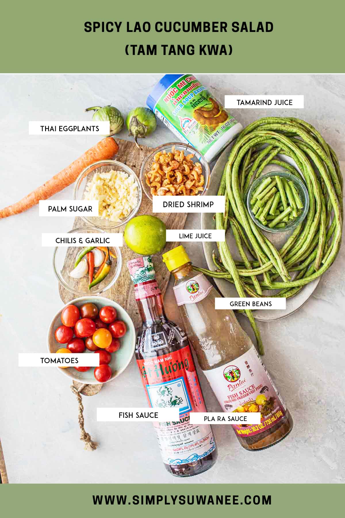 Spicy thai green beans salad ingredients on a table.