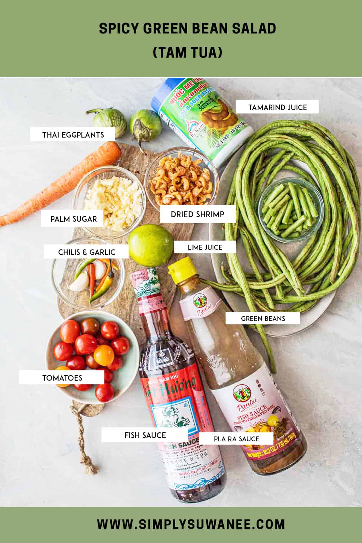 Thai green bean salad ingredients on a table.