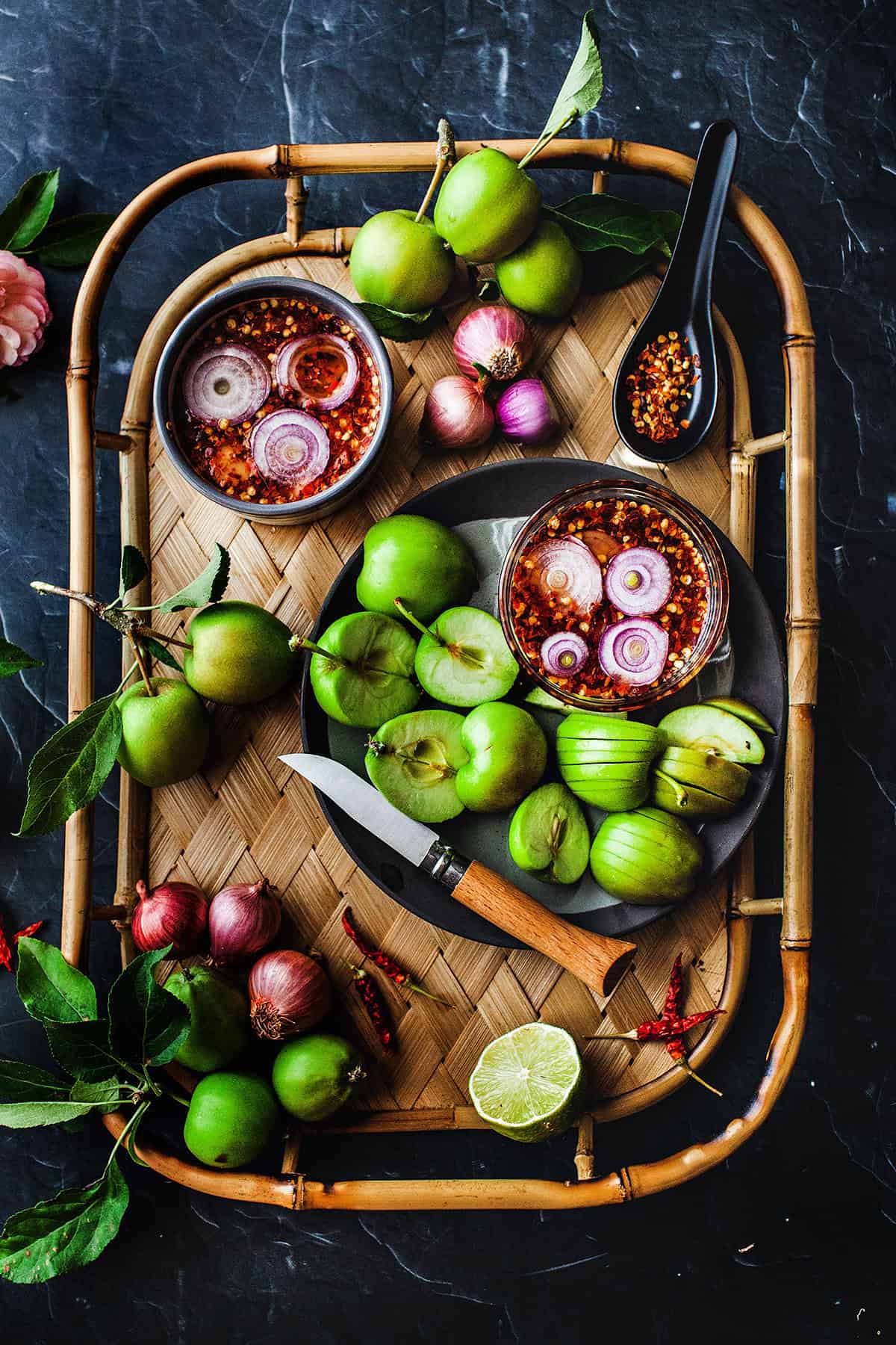 Green mango dipping sauce with young apples.