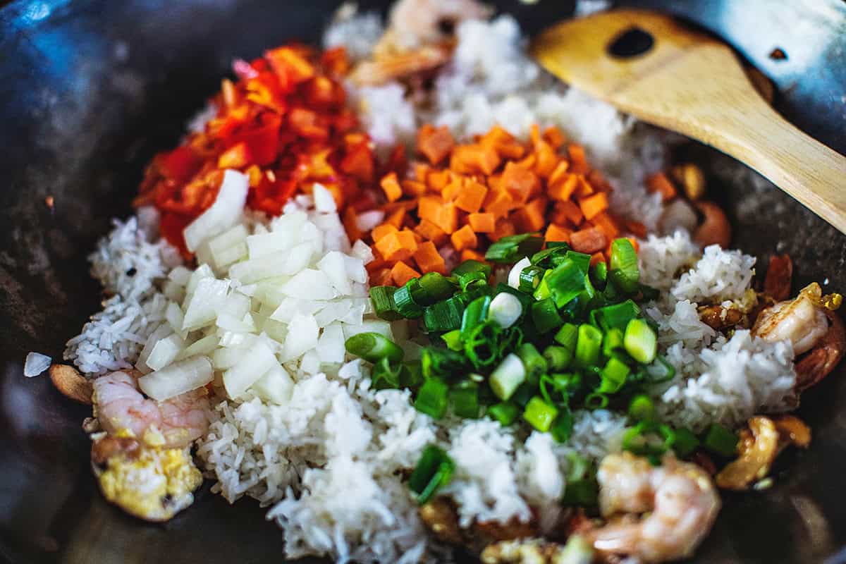 fried vegetables in a wok for shrimp fried rice.  