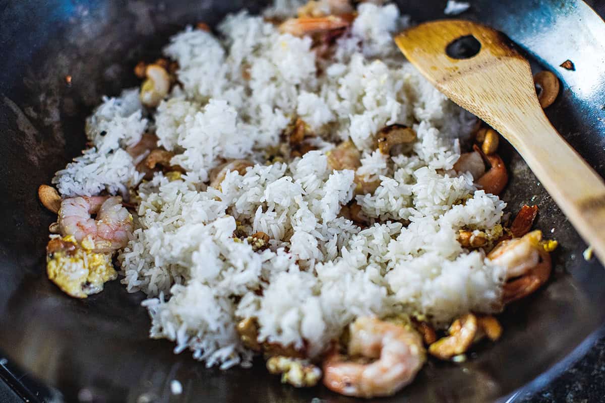 fried rice in a wok. 