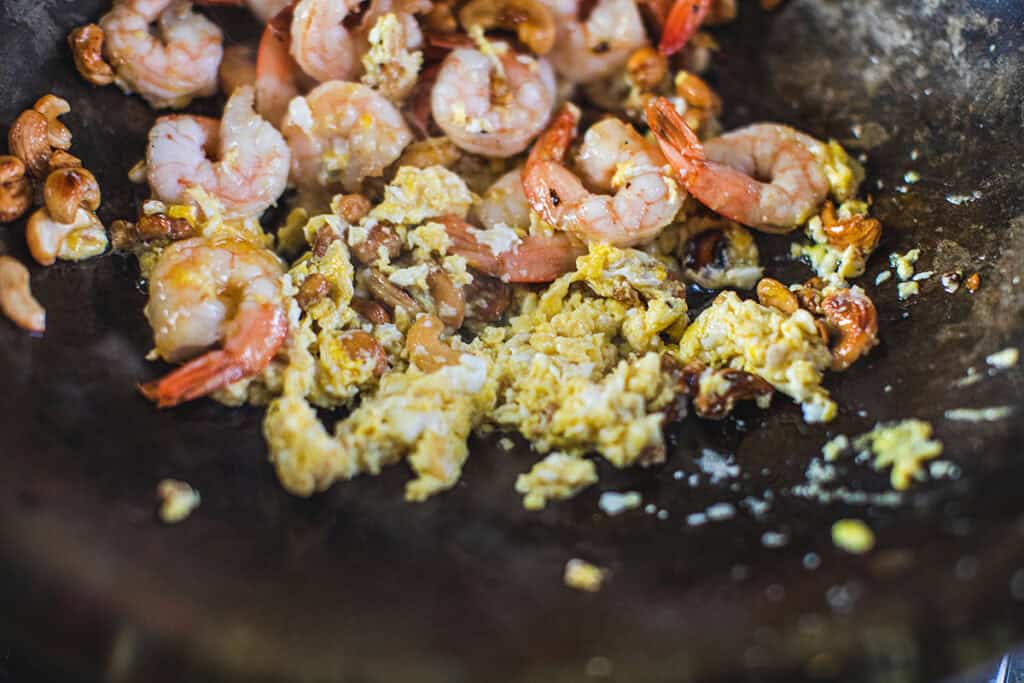 fried shrimp an egs in a wok. 