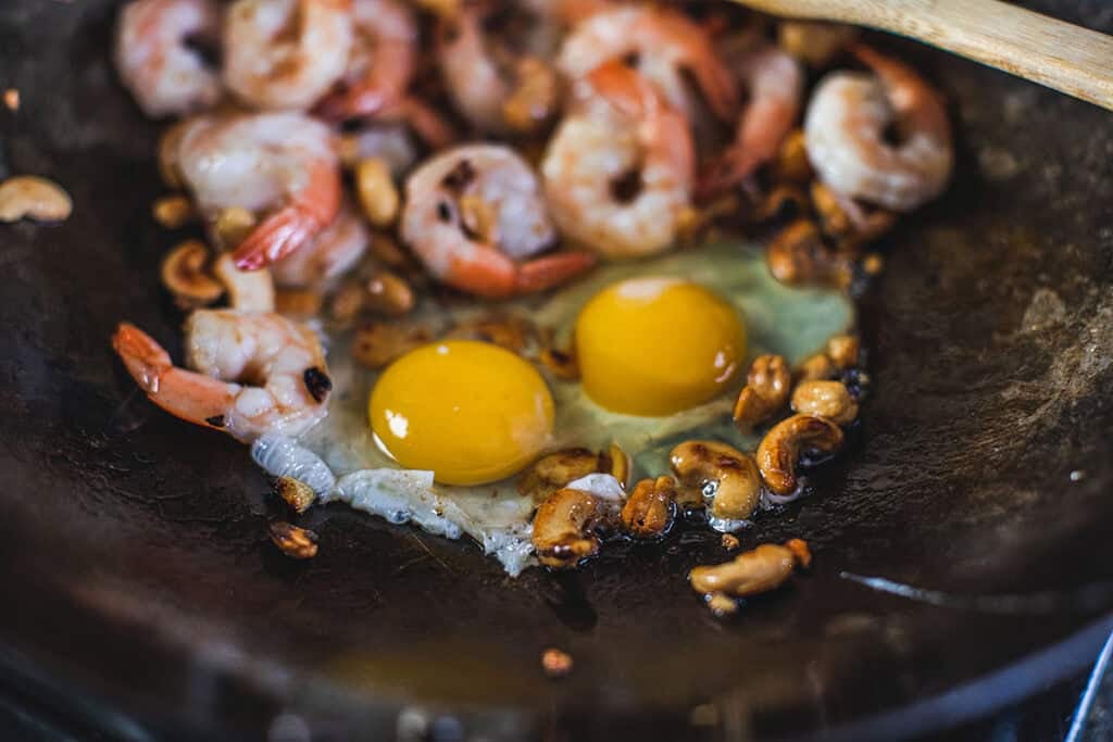 fried shrimp an egs in a wok. 