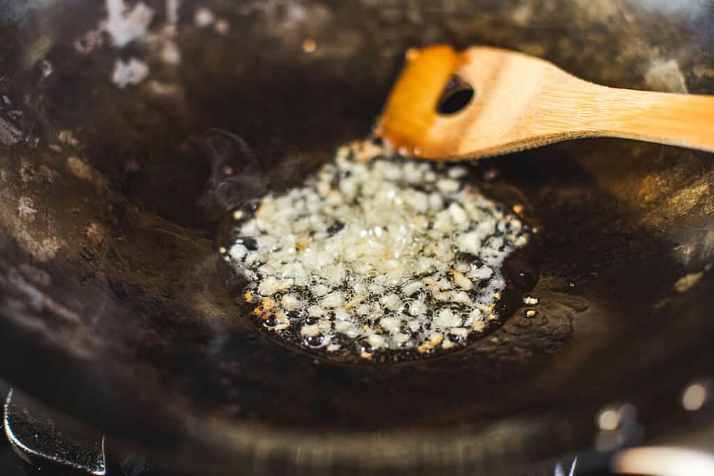 fried garlic in a wok. 