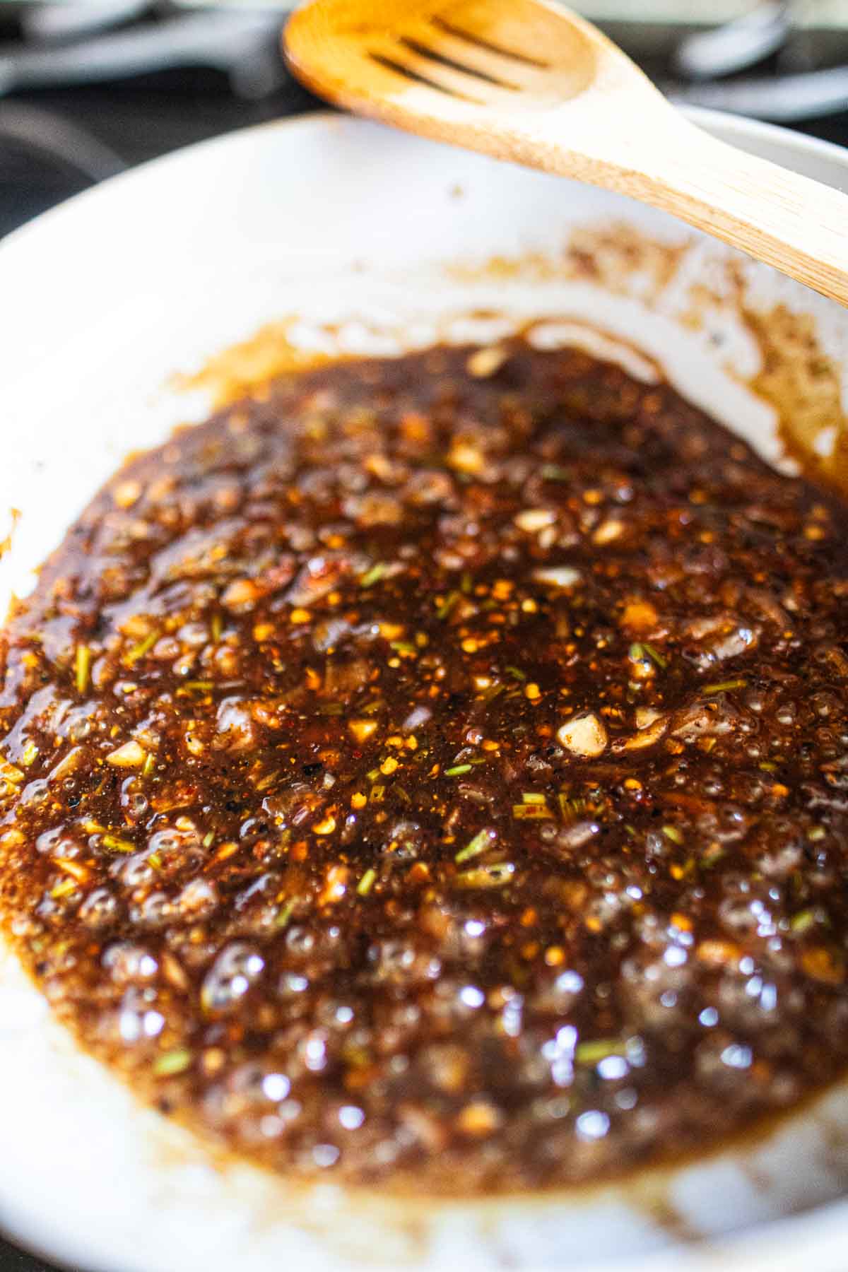 Thai tamarind dipping sauce in a pan.