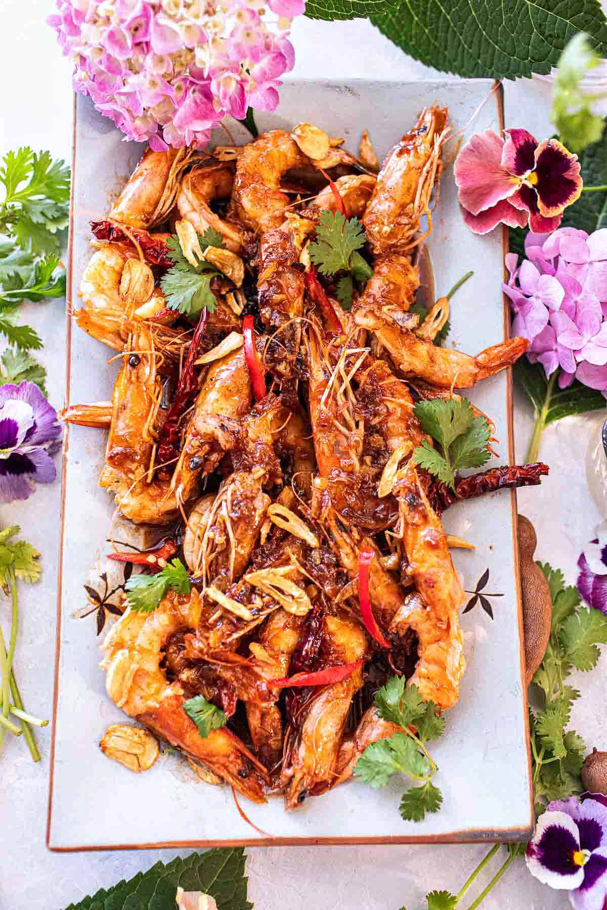 Thai tamarind shrimp on a platter. 