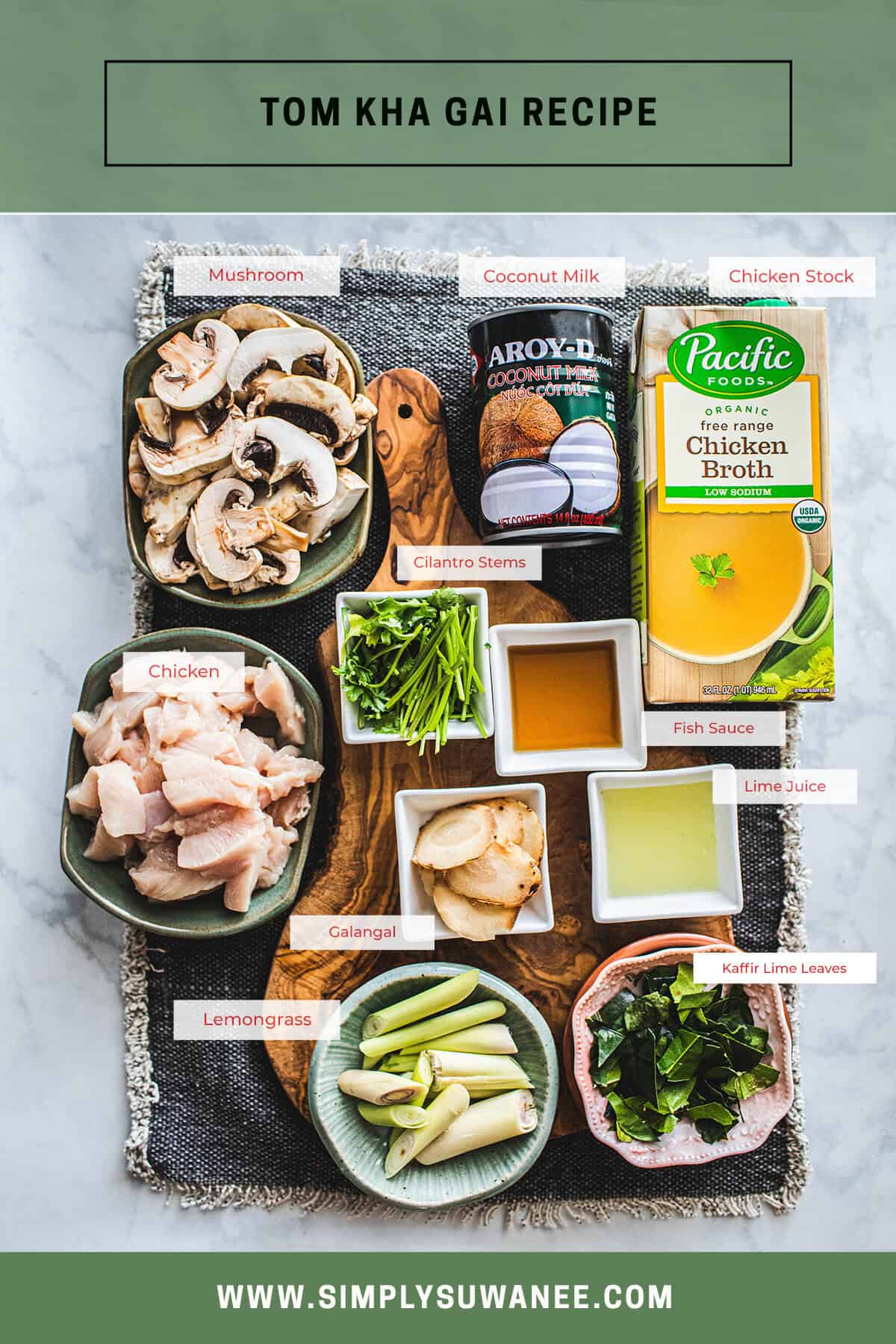 Tom Kha Gai ingredients on a table. 