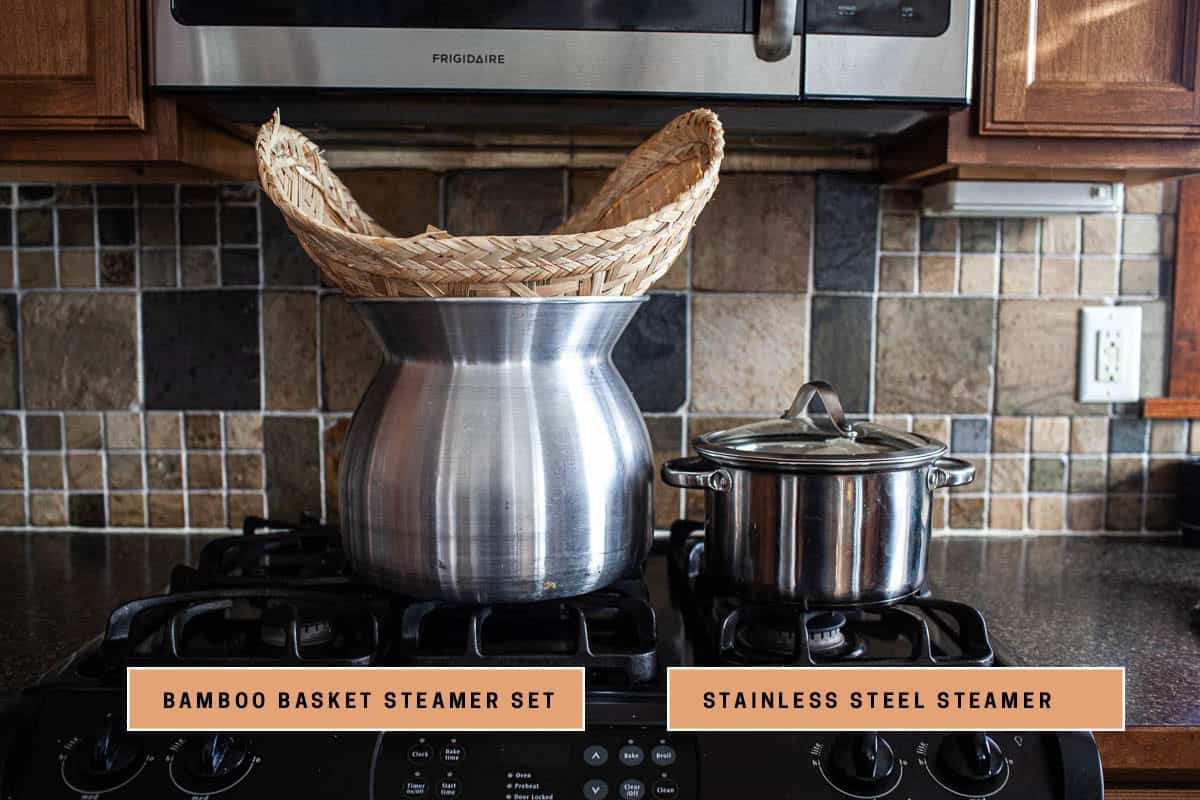 bamboo basket steamers on the stove. 