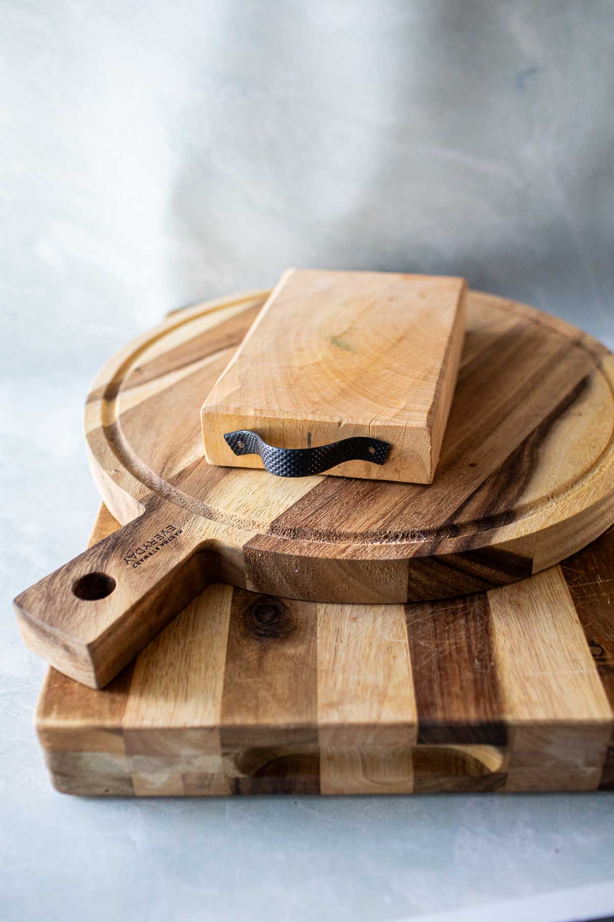 Thick cutting boards on the table.