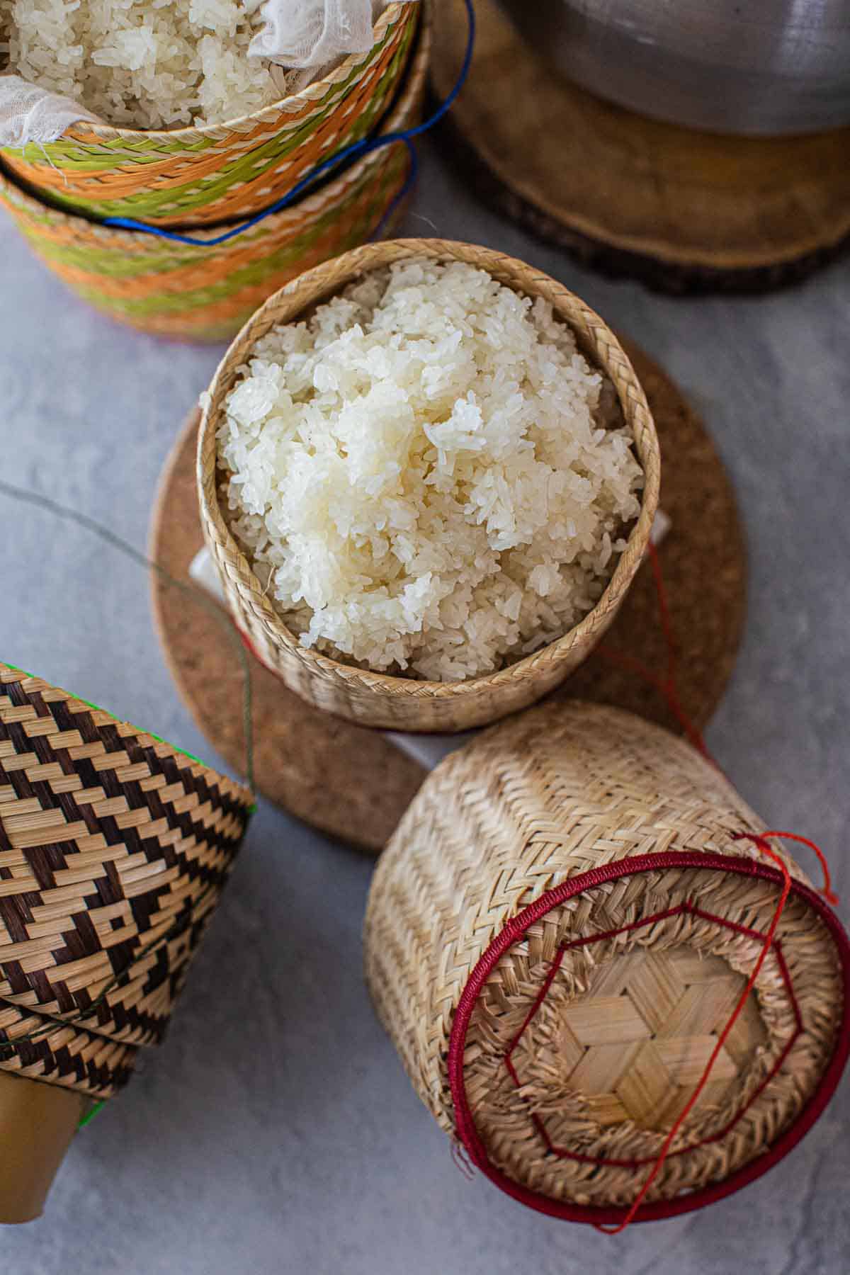 Sticky rice baskets on the table. 