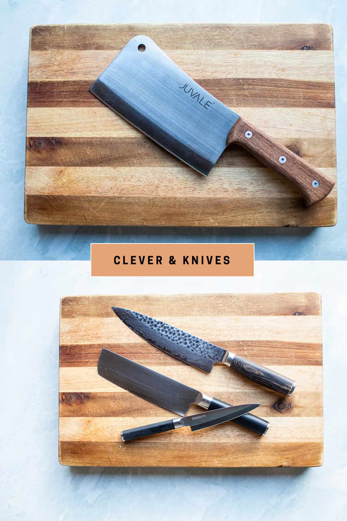 Clever and knives on a cutting board. 