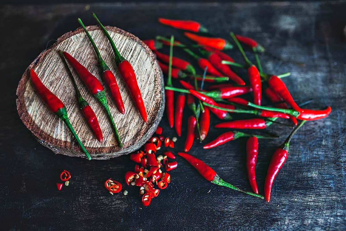 Thai bird's eye chilies  on a table. 