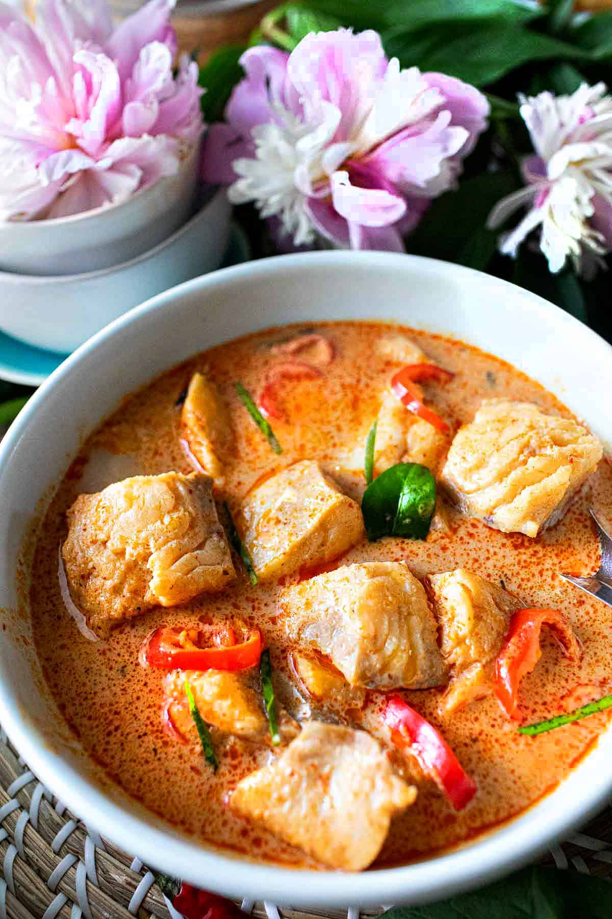 Thai cod curry in a bowl. 