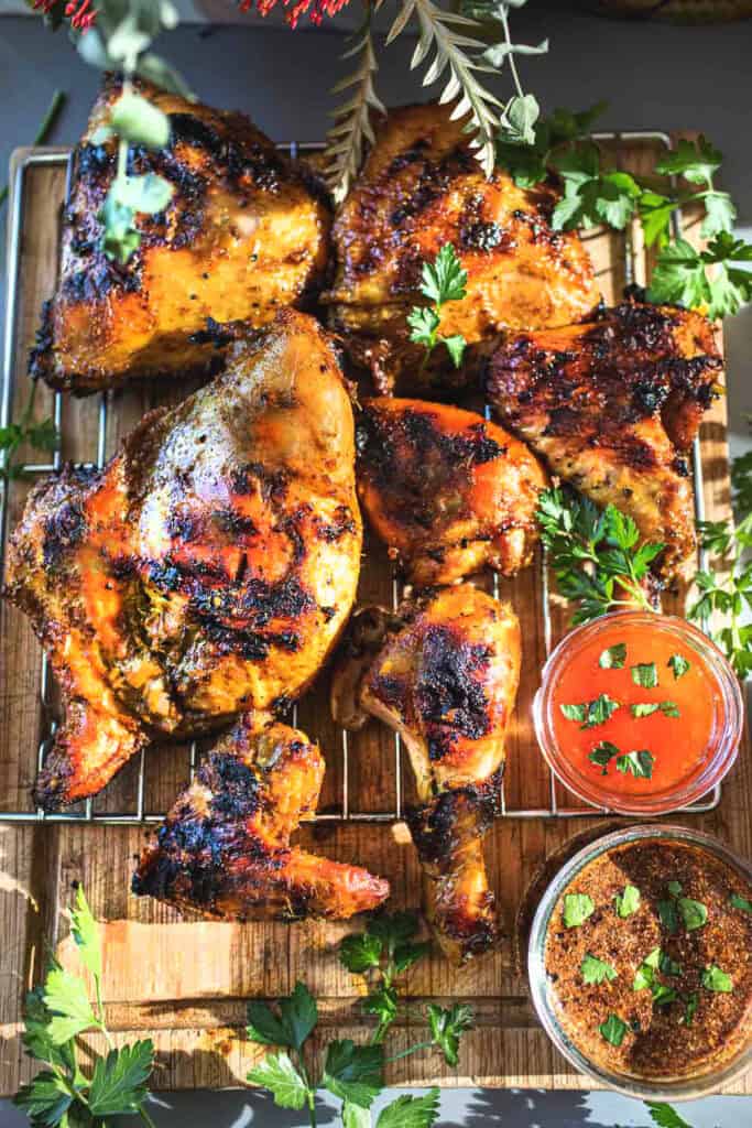 Thai Gai Yang on a cutting board.