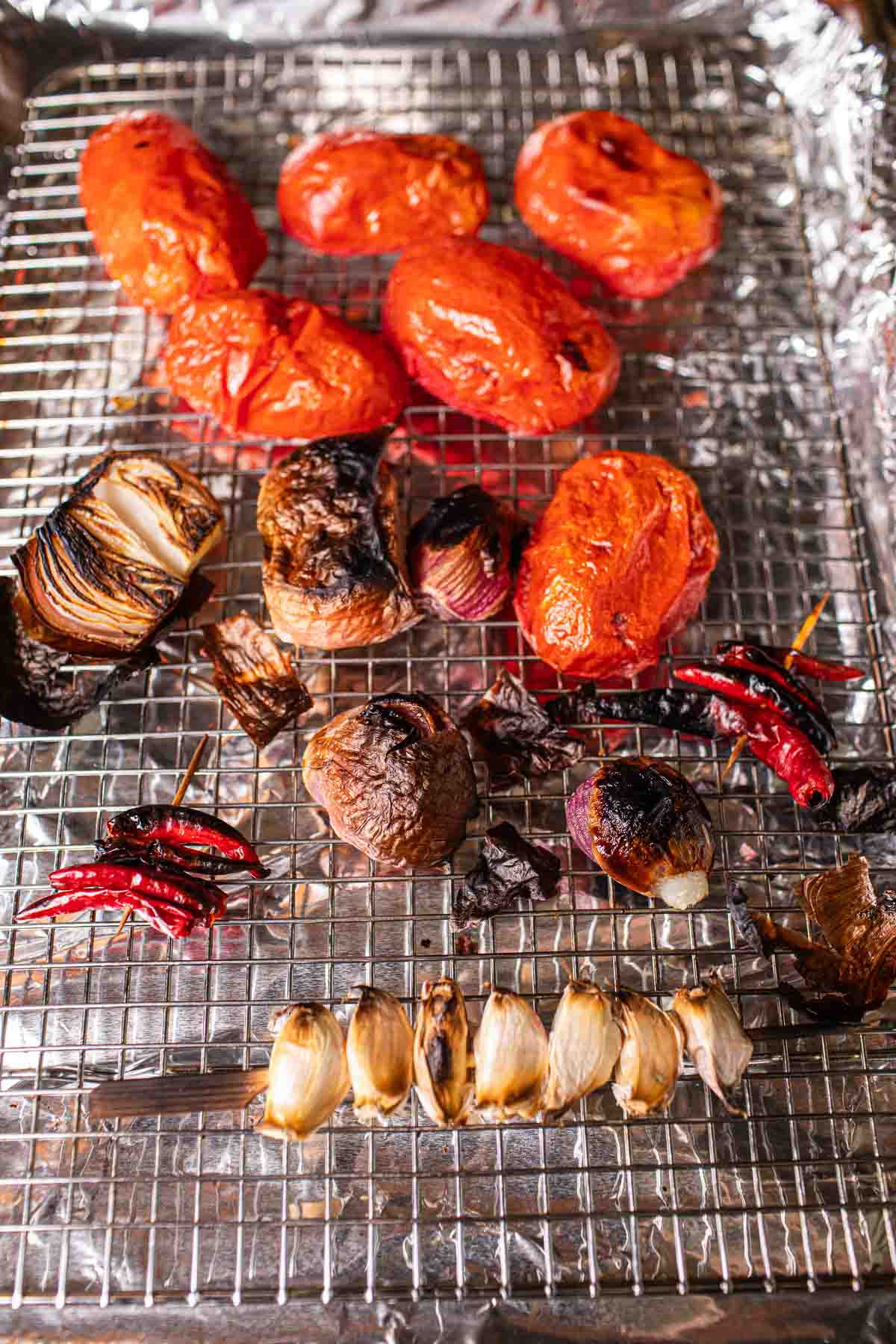 Roasted tomatoes, shallots, garlic and peppers. 