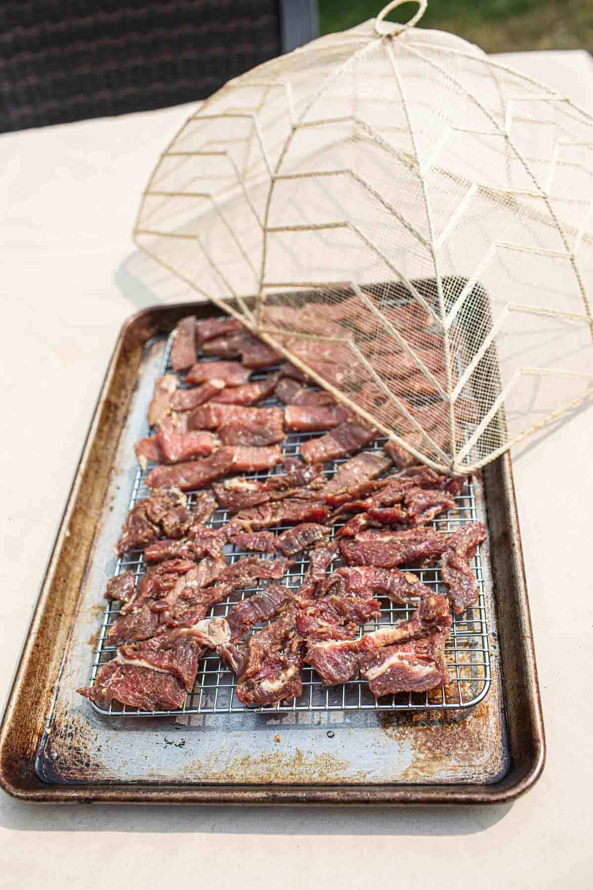 Sun-dried beef jerky on a baking rack. 