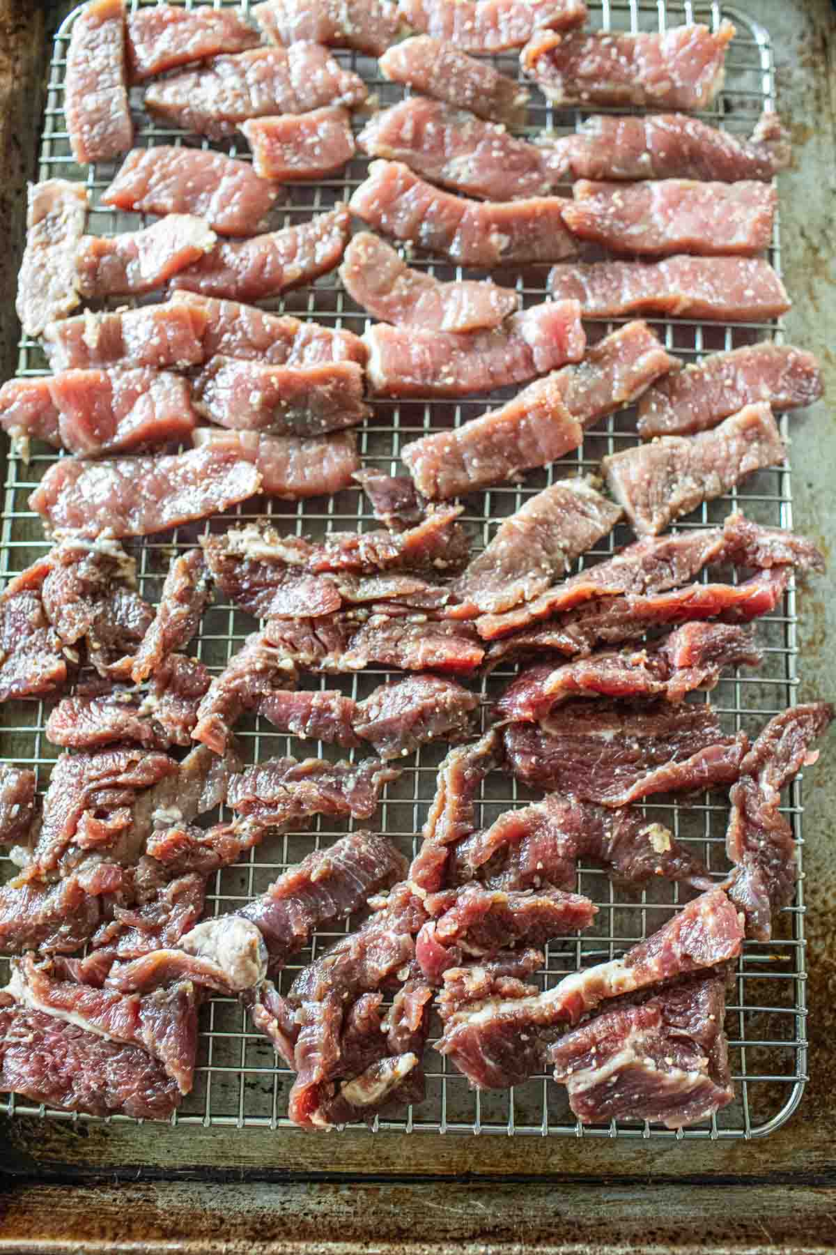 thai beef jerky on a rack. 