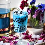 blue milk tea in a glass.