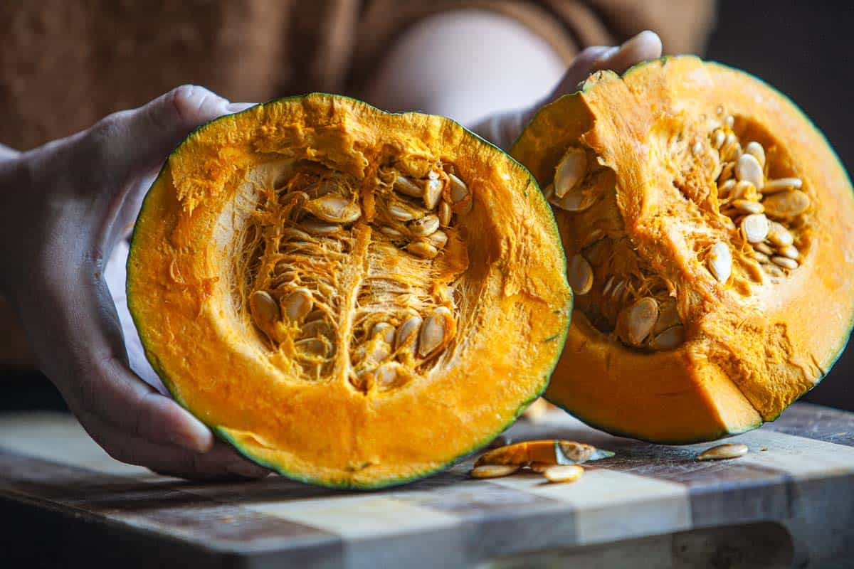 kabocha squash cut in halves.