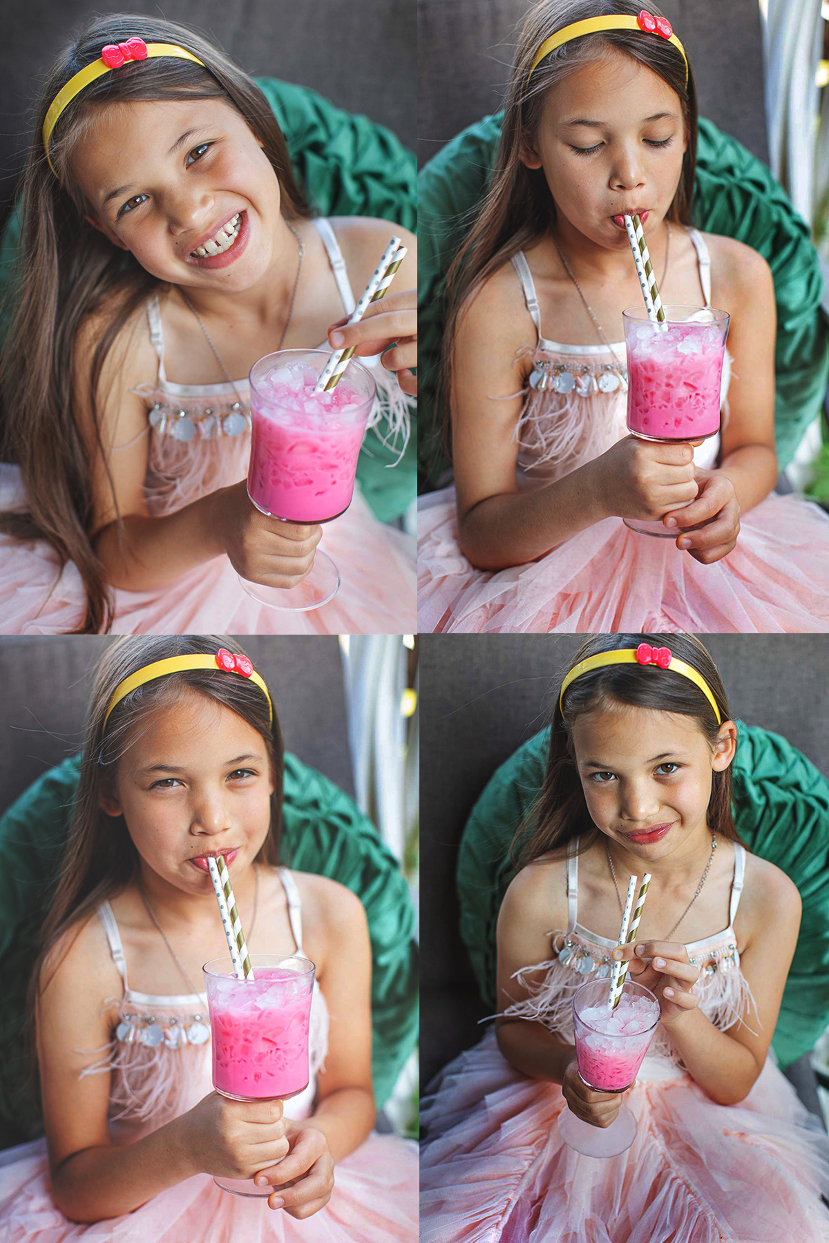 Collage of a girl drinking pink drink. 