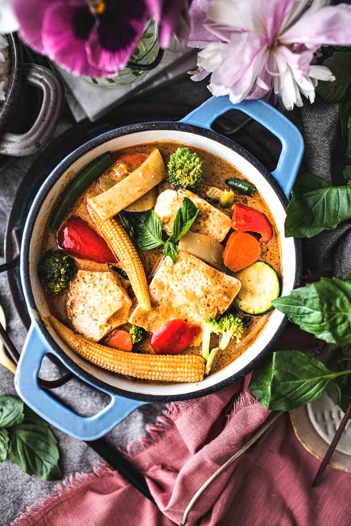 Thai Vegetarian yellow curry with tofu in a pot. 