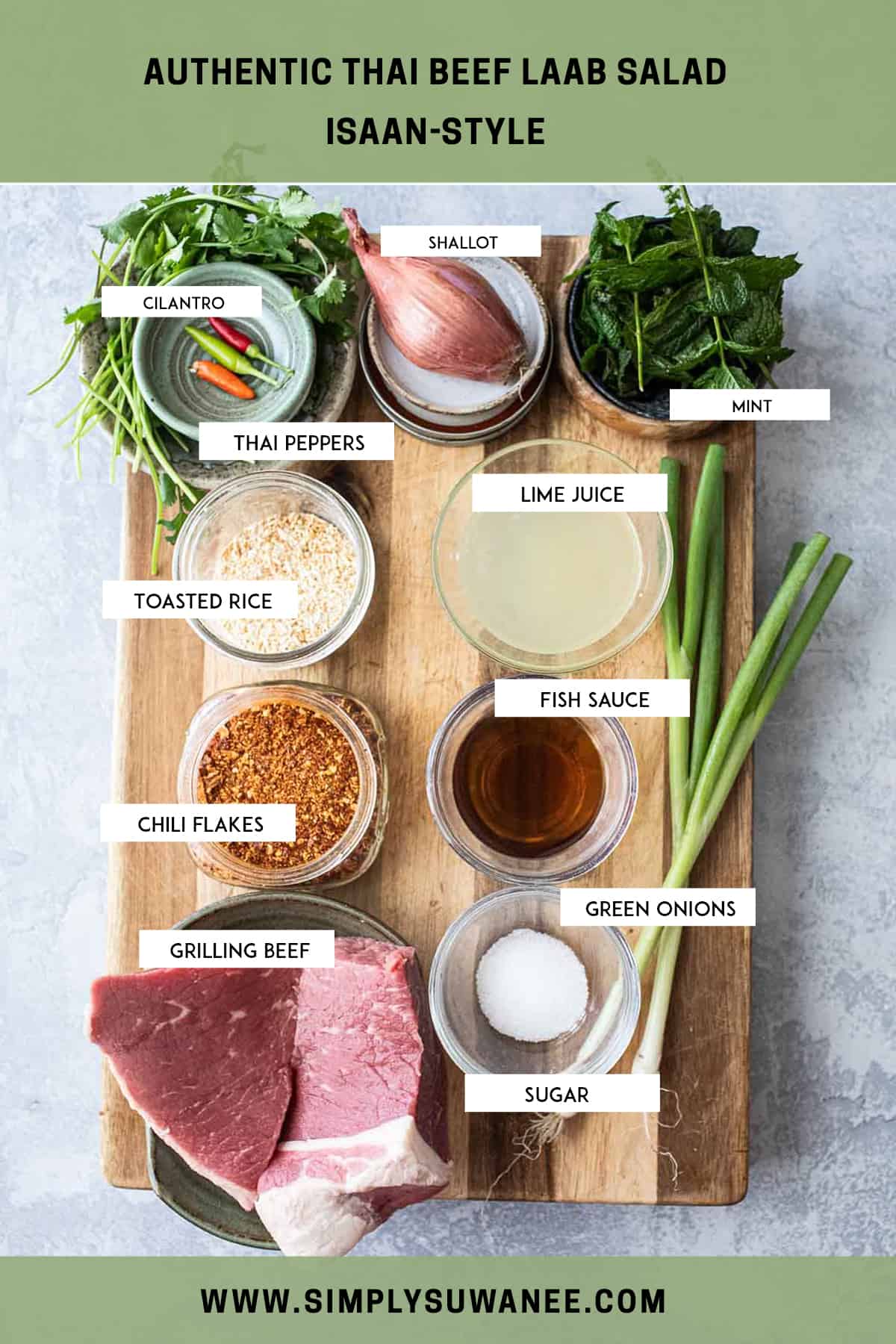 Ingredients for Beef larb on a table. 