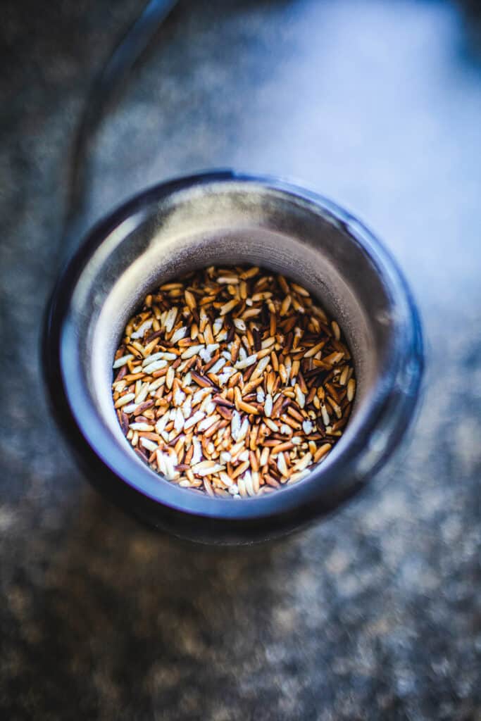 Toasted rice in a spice grinder.