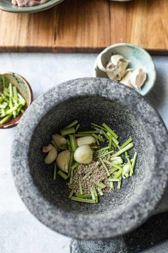 Thai Sam Gler paste in pestle in a mortar. 