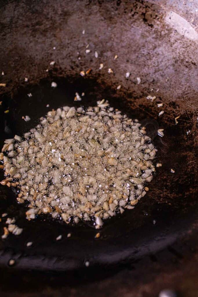fried garlic in wok.