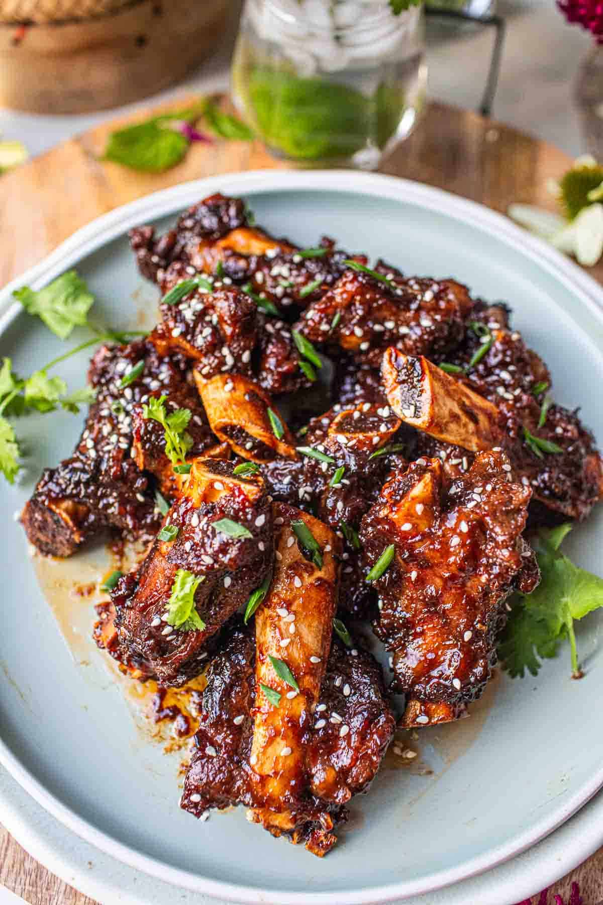 Asian sticky beef ribs on a platter. 