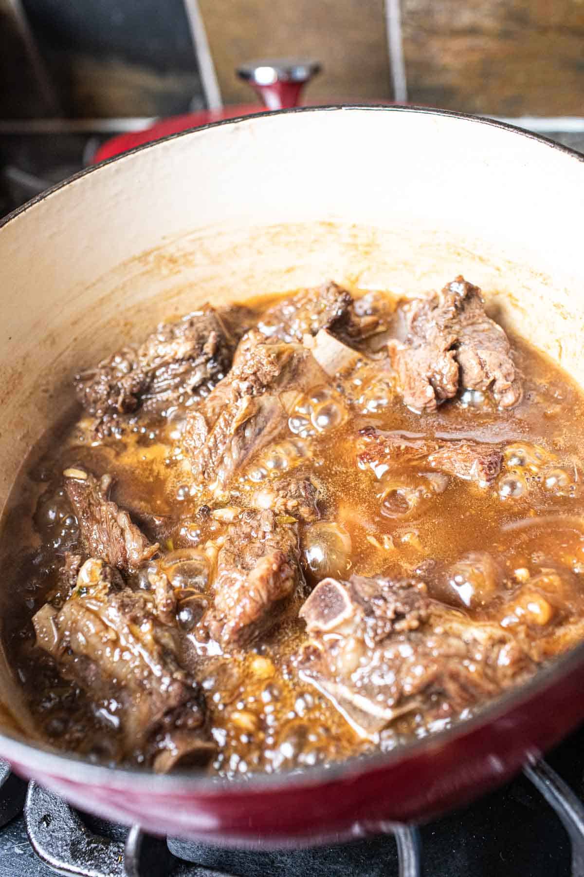 Asian beef ribs braised in a pot. 