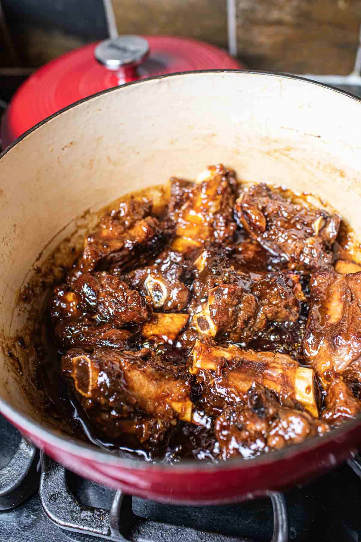 Braised Sticky Asian ribs in a dutch oven. 