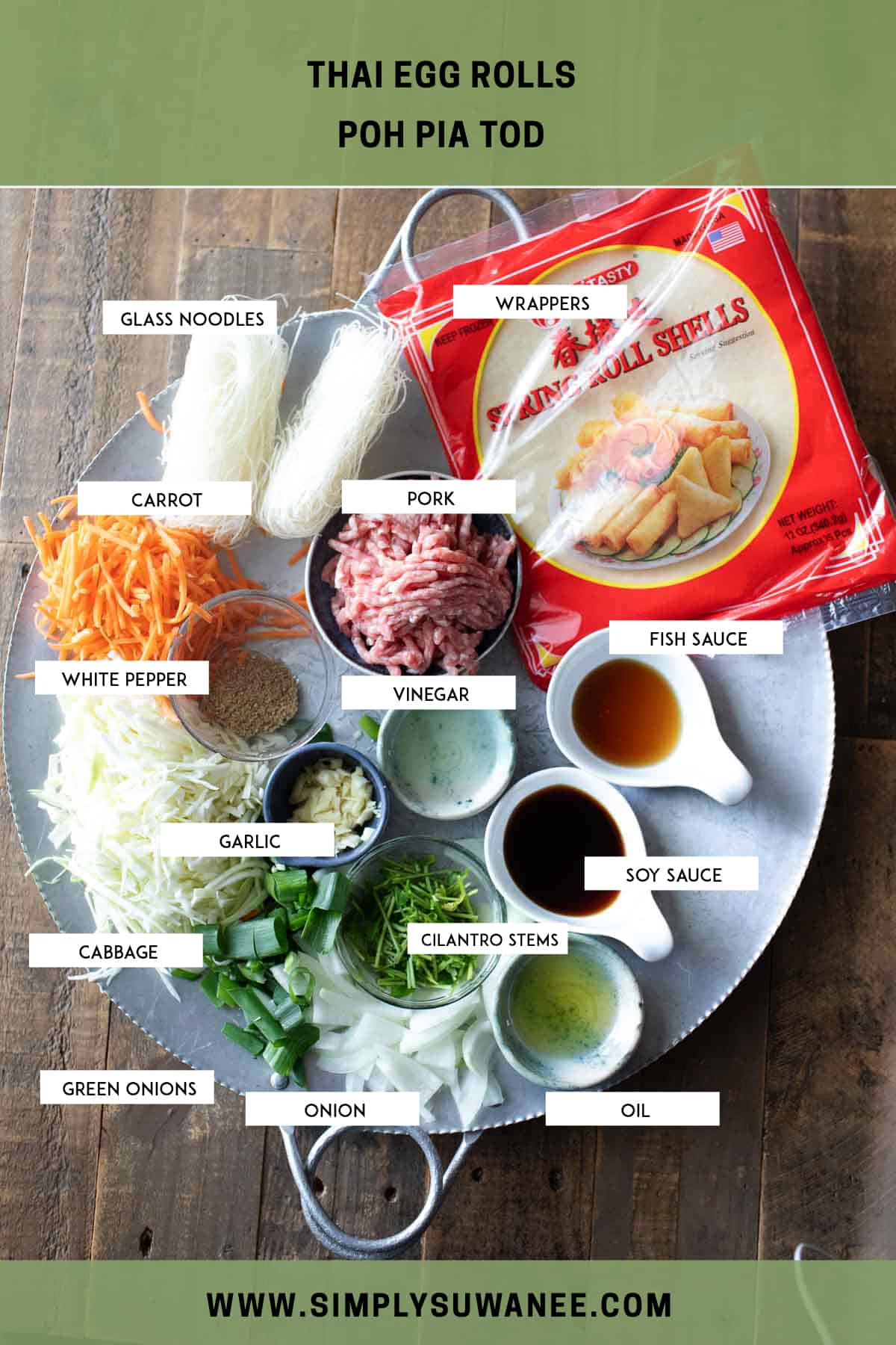 Ingredients for Thai egg rolls on a platter. 