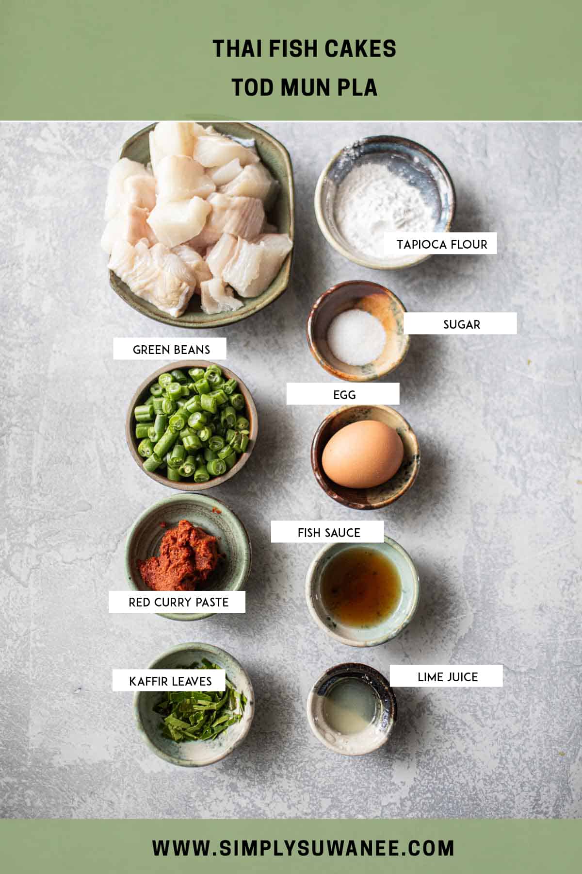 Ingredients for Thai fish cakes on a table with labels. 