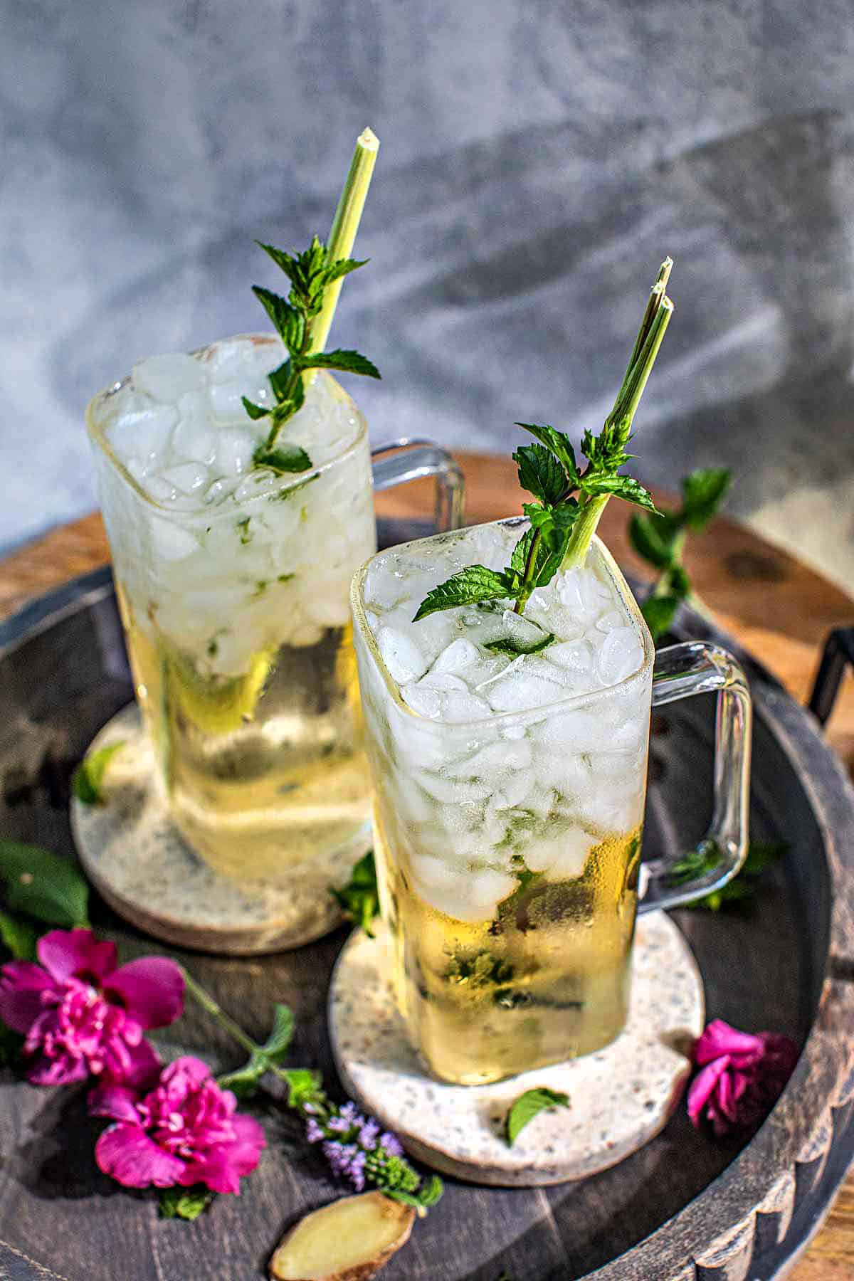 lemongrass tea in tall glasses with ice. 