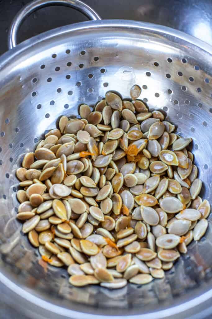 Kabocha squash seeds in colander. 