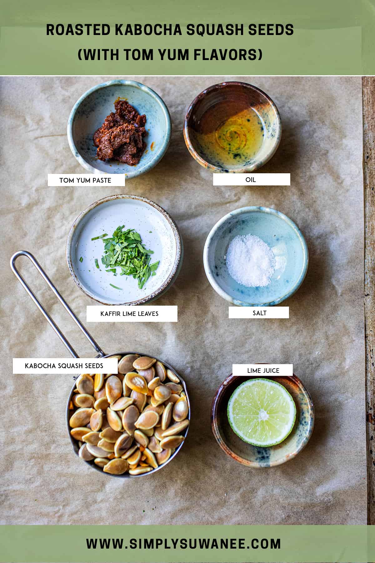 Roasted Kabocha squash seeds ingredients on a table. 