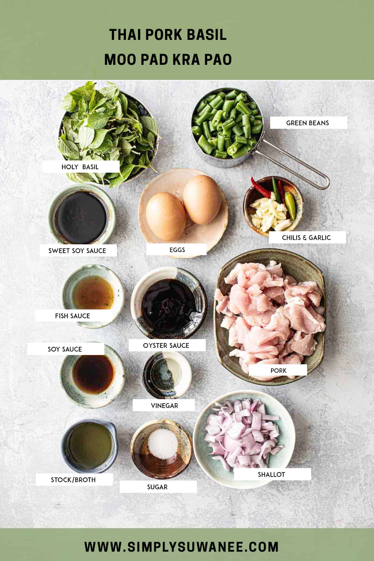 Thai basil pork ingredients on a table. 