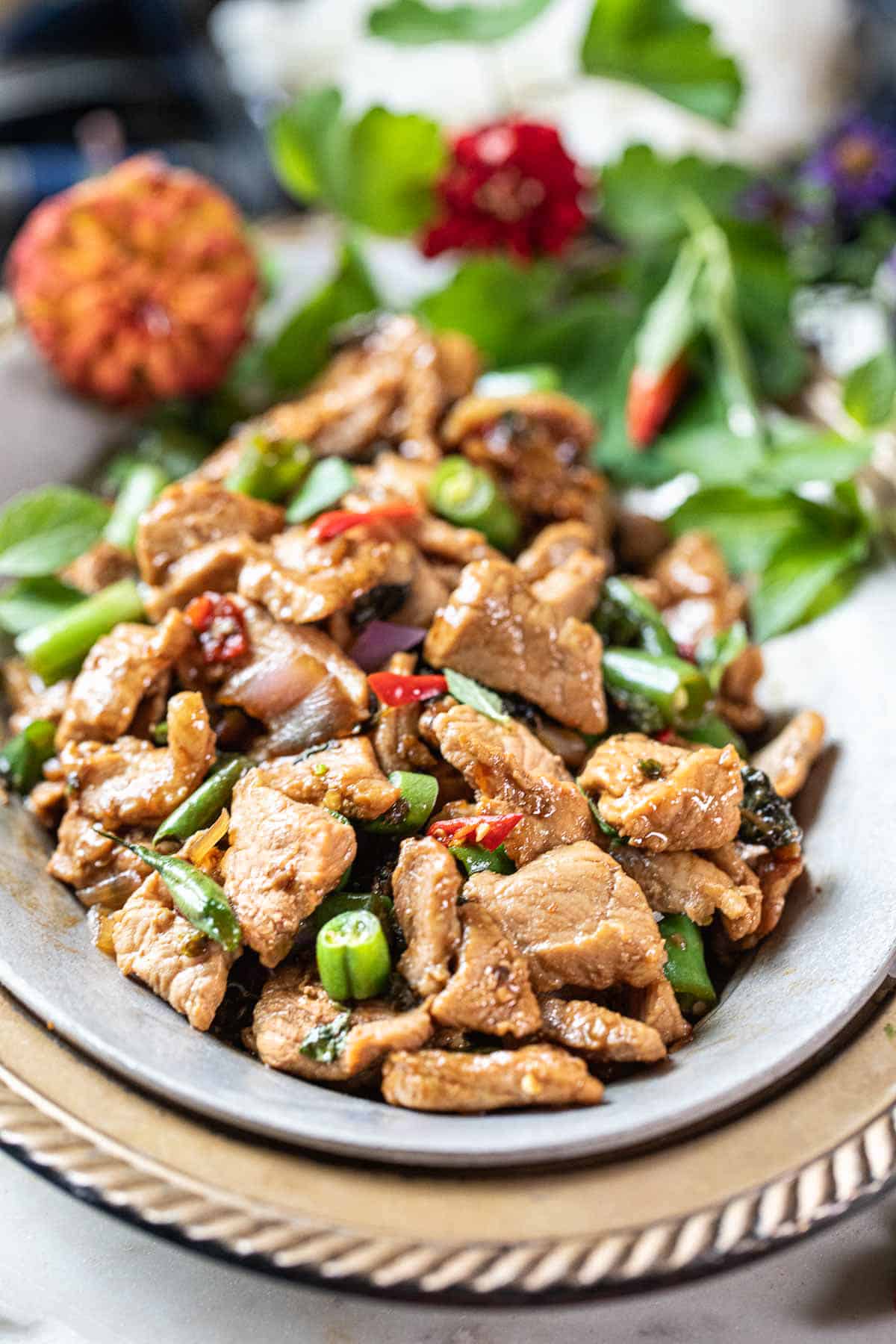 Thai basil pork in a platter. 