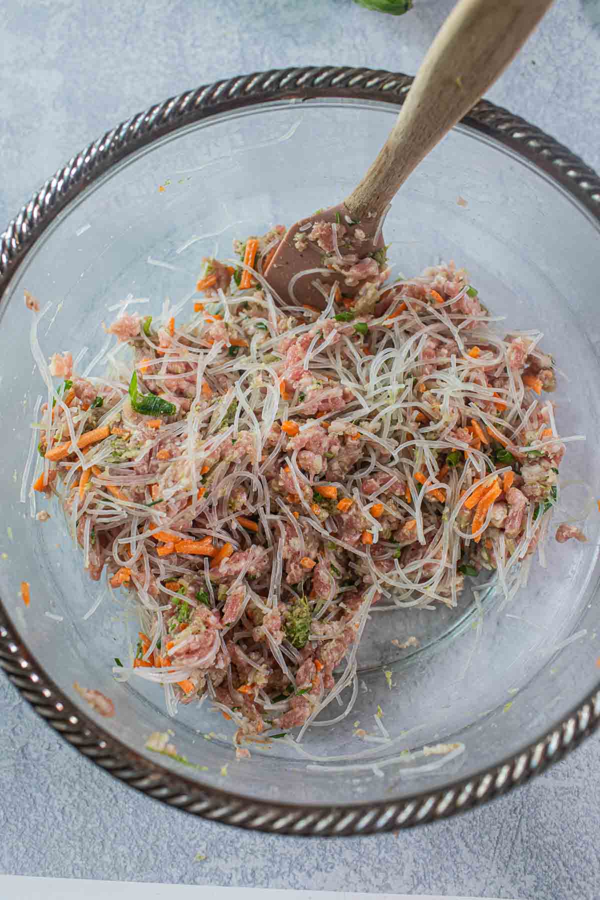 Pork mixture with veggies and glass noodles for stuffing bitter melon.