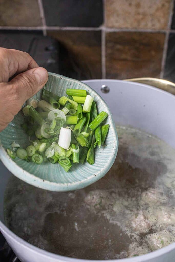 Green onion in a strainer over a soup pot. 