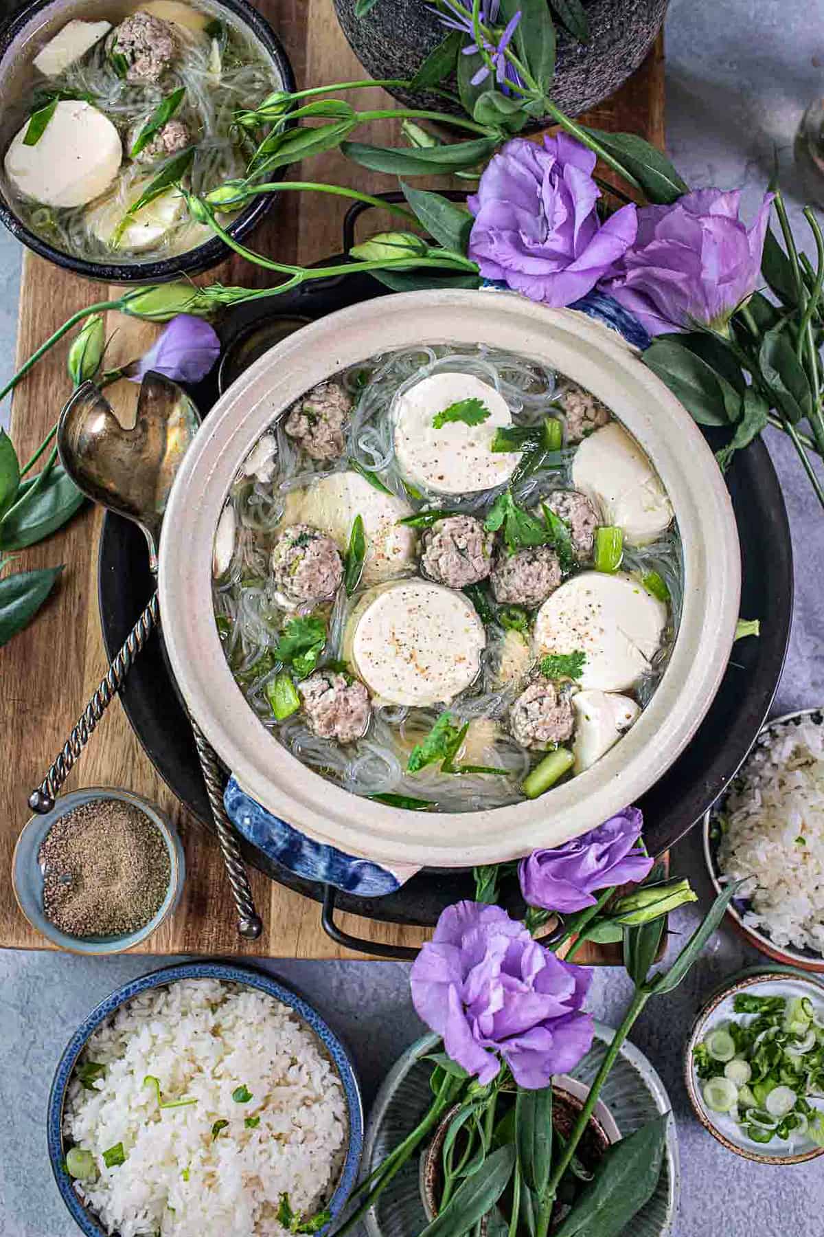 Authentic Thai glass noodle soup in a bowl on the table. 