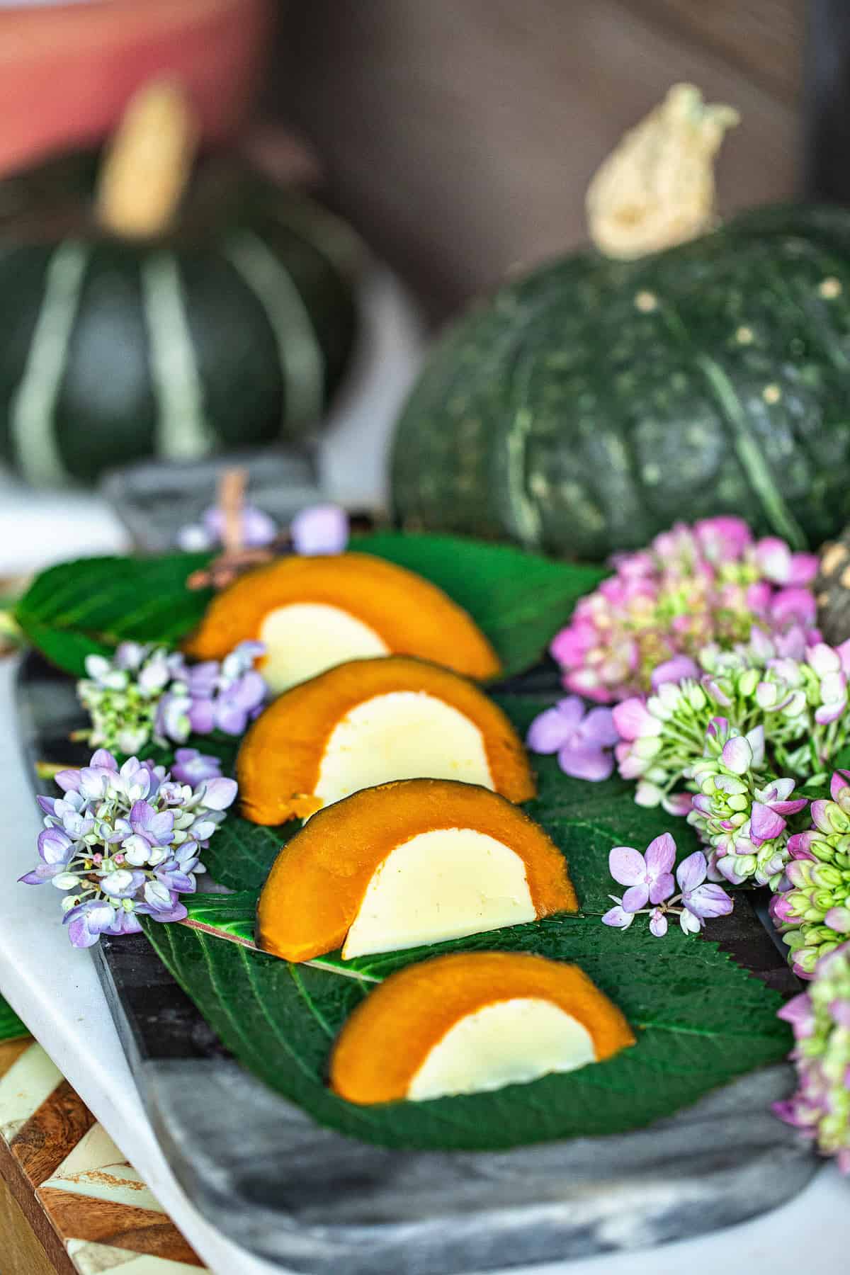 Thai pumkin custard in slice on a plate.