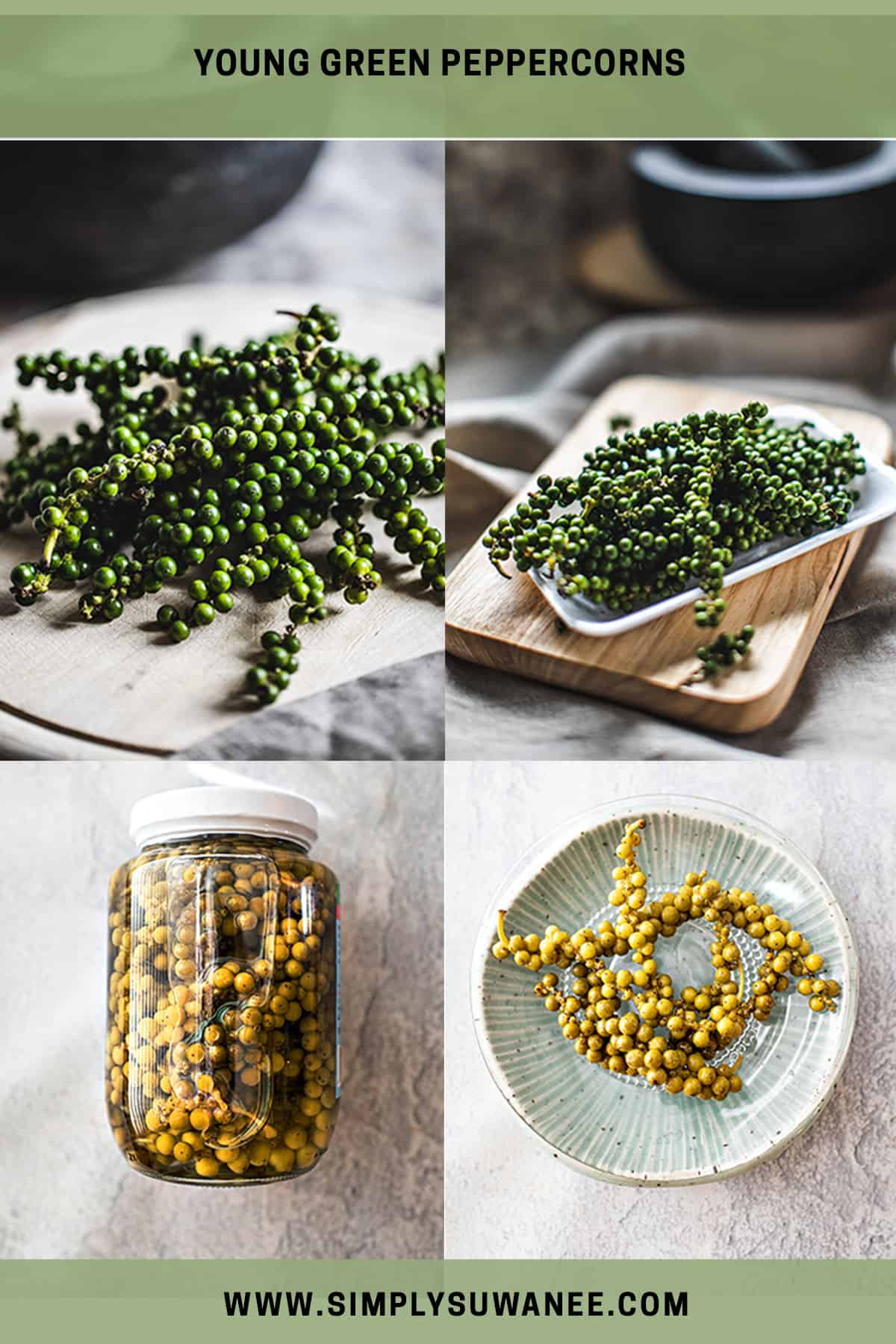 Thai green peppercorns in 4 image collage showing  Fresh and brined peppers. 